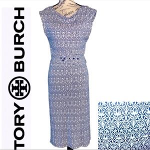 Tory Burch Vintage Midi Dress Navy Ivory Belted Floral Print Size Small
